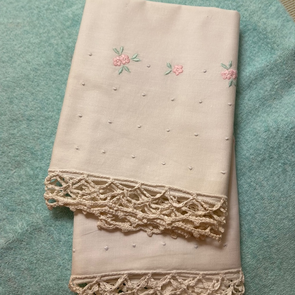 Pair of Embroidered White Cotton Queen Pillowcases with Crocheted Edge; NWT